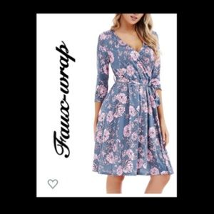 Faux-wrap full skirt silky dress